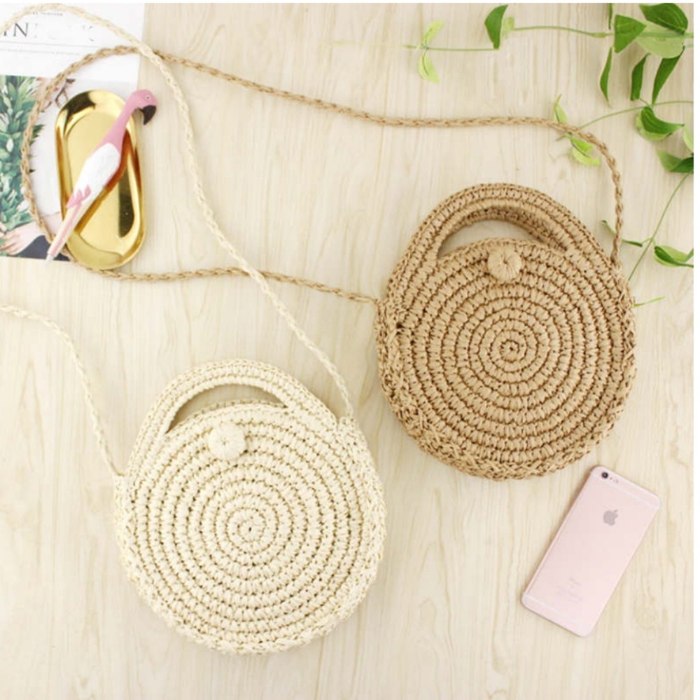 Hand Woven Rattan Straw Round Crossbody Bag - Picture 4 of 8